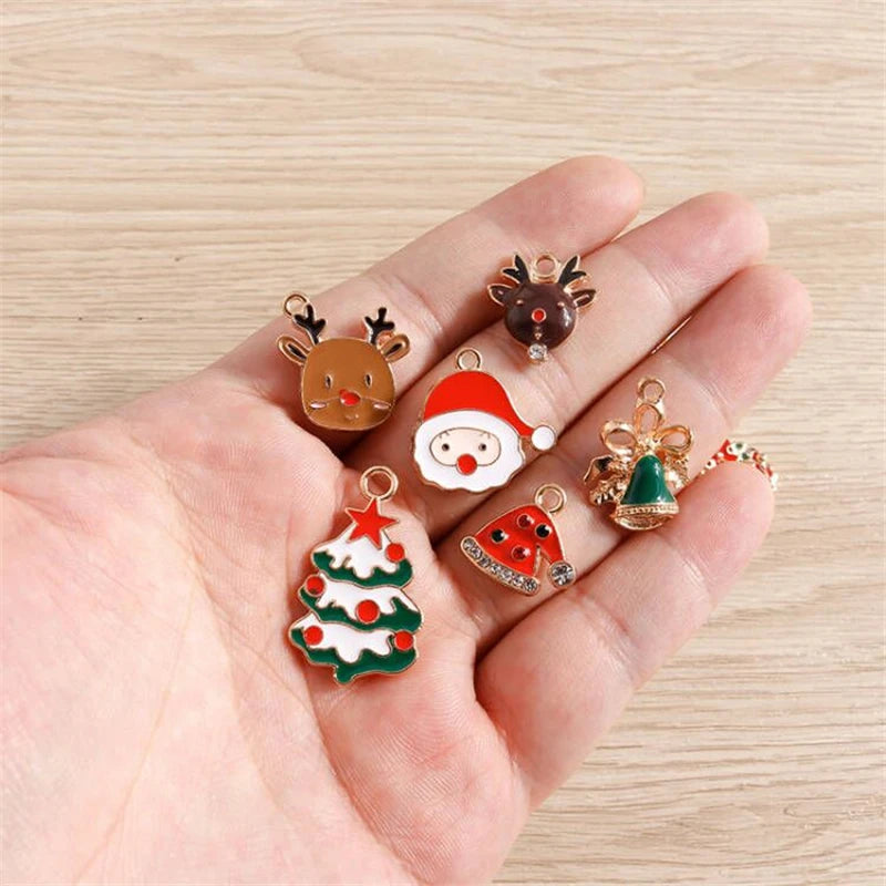 Christmas Enamel Charms – 10PCS Deer, Santa, Tree & Bell Pendants for DIY Jewelry