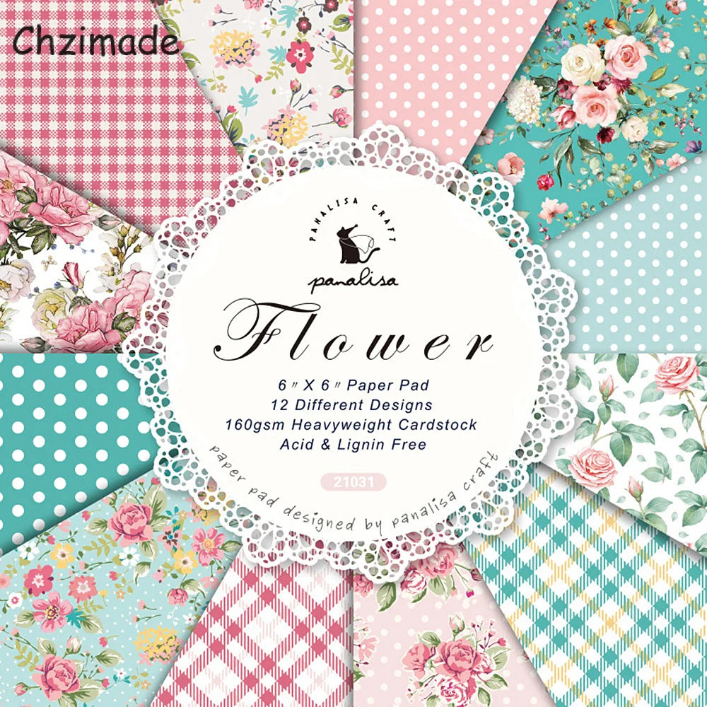 Vintage Flower Paper Pad – 12 Sheets 6x6" Scrapbooking & Card Making Set