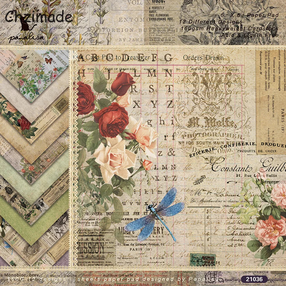 Vintage Flower Paper Pad – 12 Sheets 6x6" Scrapbooking & Card Making Set