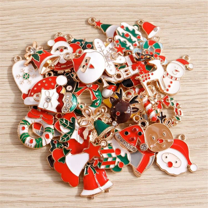 Christmas Enamel Charms – 10PCS Deer, Santa, Tree & Bell Pendants for DIY Jewelry
