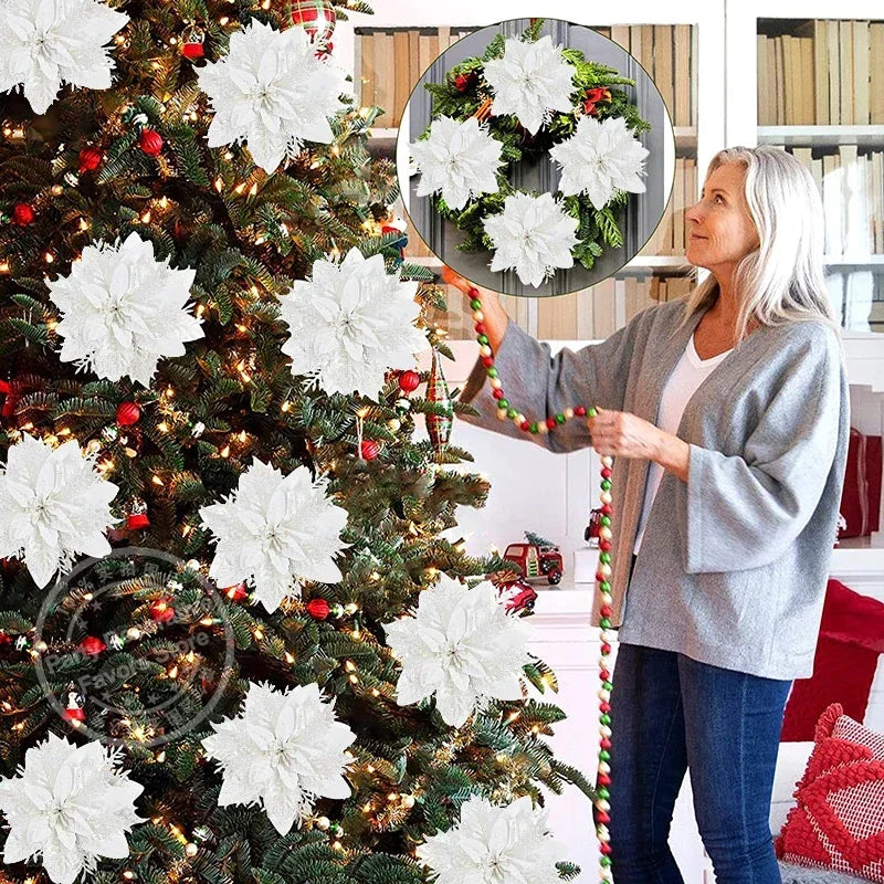 Glitter Poinsettia Flowers – 15CM Artificial Christmas Flower Ornaments (5/10PCS)