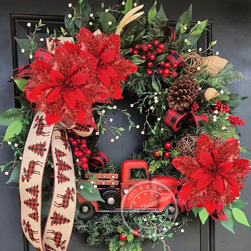 Glitter Poinsettia Flowers – 15CM Artificial Christmas Flower Ornaments (5/10PCS)