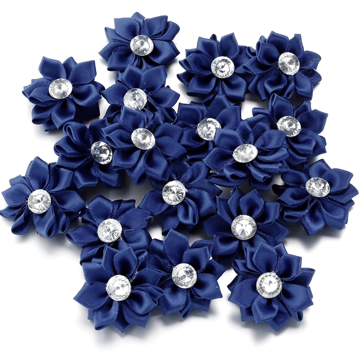 Mini Satin Ribbon Flowers with Rhinestones – 20pcs (40mm)
