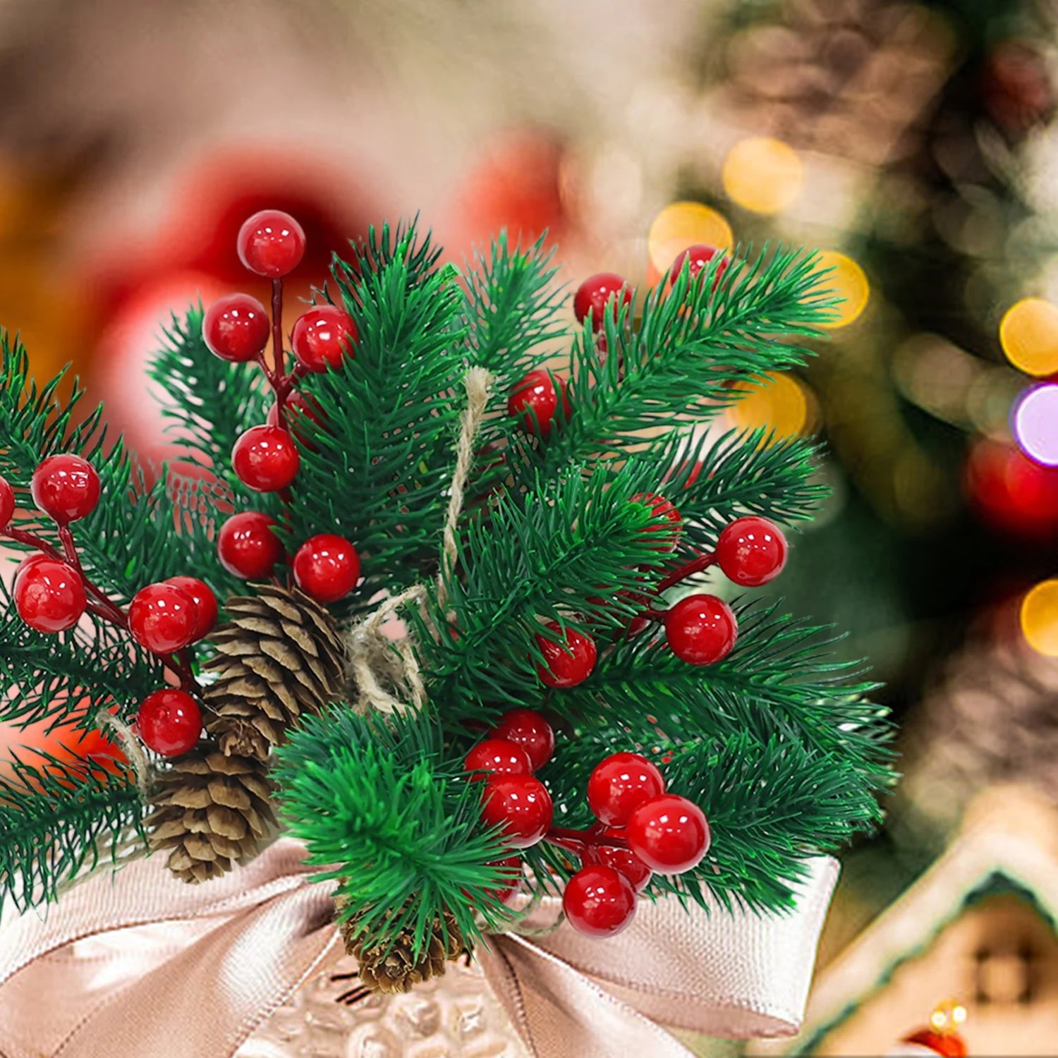 Christmas Pine & Red Berry Branches – Artificial Pine Needle Stems for DIY Wreaths & Décor (1/30PCS)