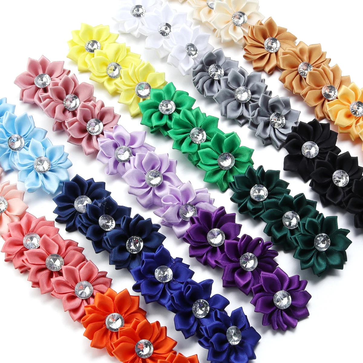 Mini Satin Ribbon Flowers with Rhinestones – 20pcs (40mm)