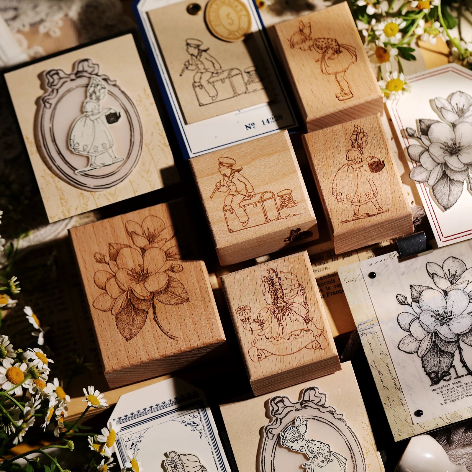 Vintage Flower & Bear Wooden Rubber Stamp – DIY Scrapbooking & Card Making