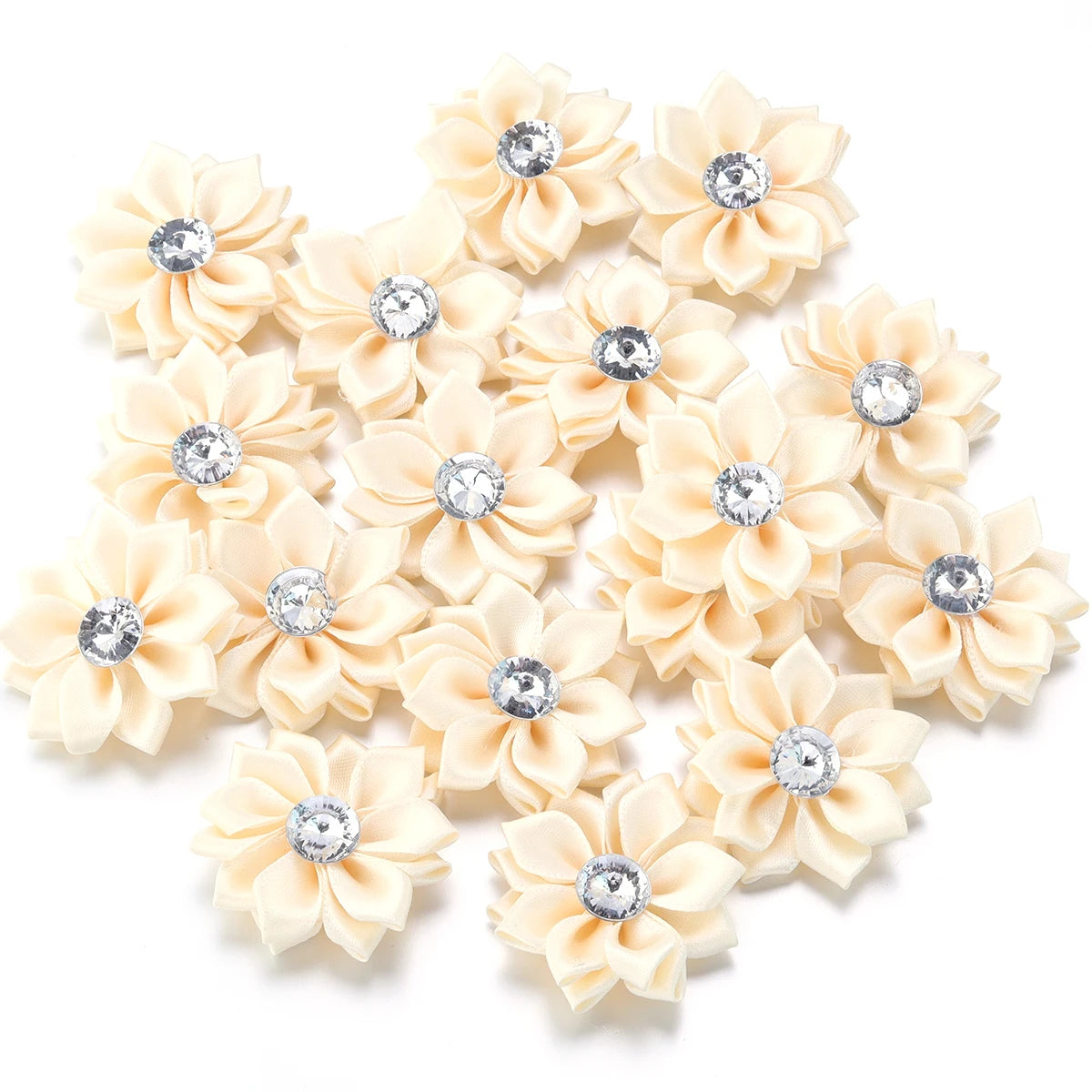 Mini Satin Ribbon Flowers with Rhinestones – 20pcs (40mm)