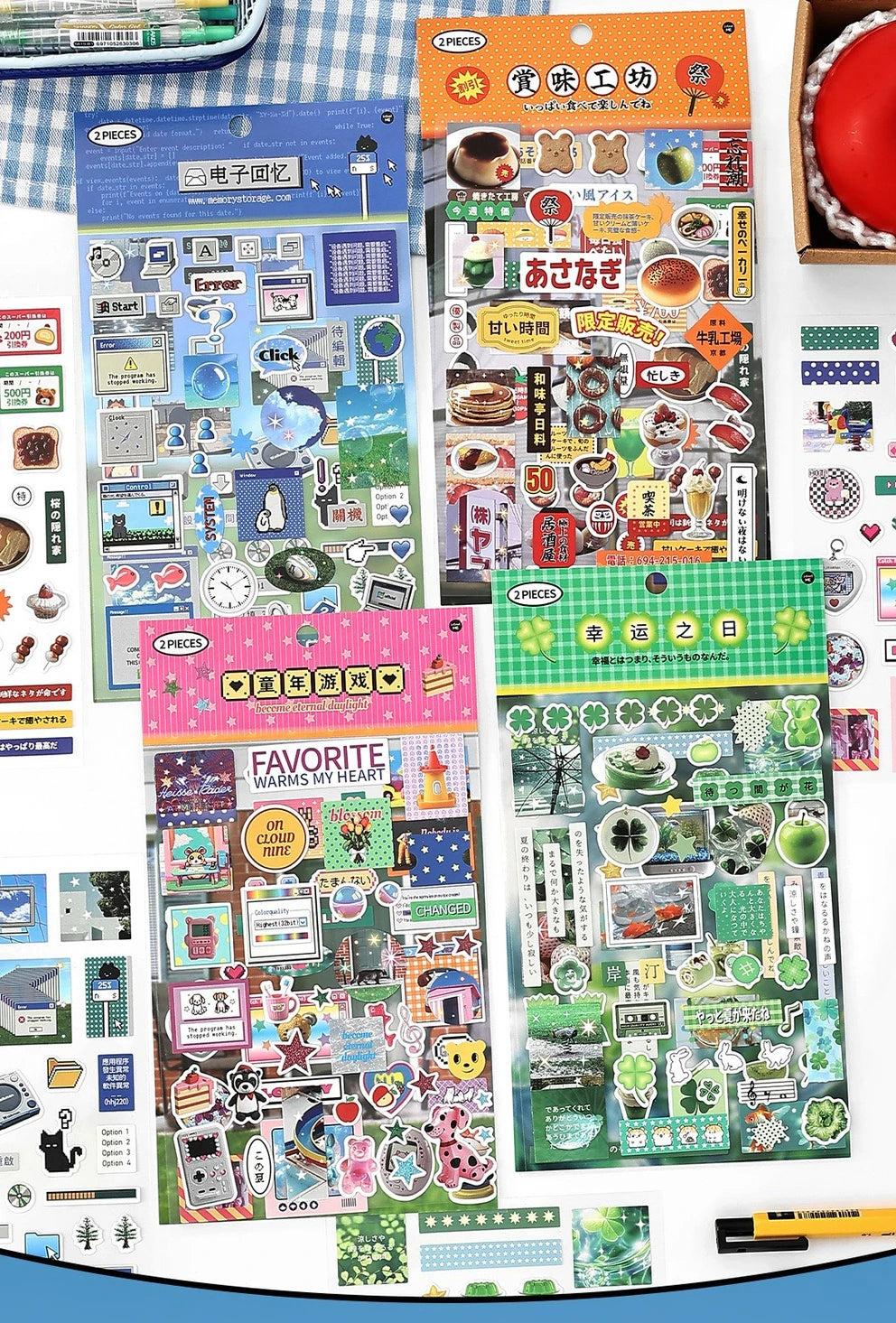 Retro Japanese Cartoon Stickers – 2-Sheet Lucky Clover Anime Kawaii Set