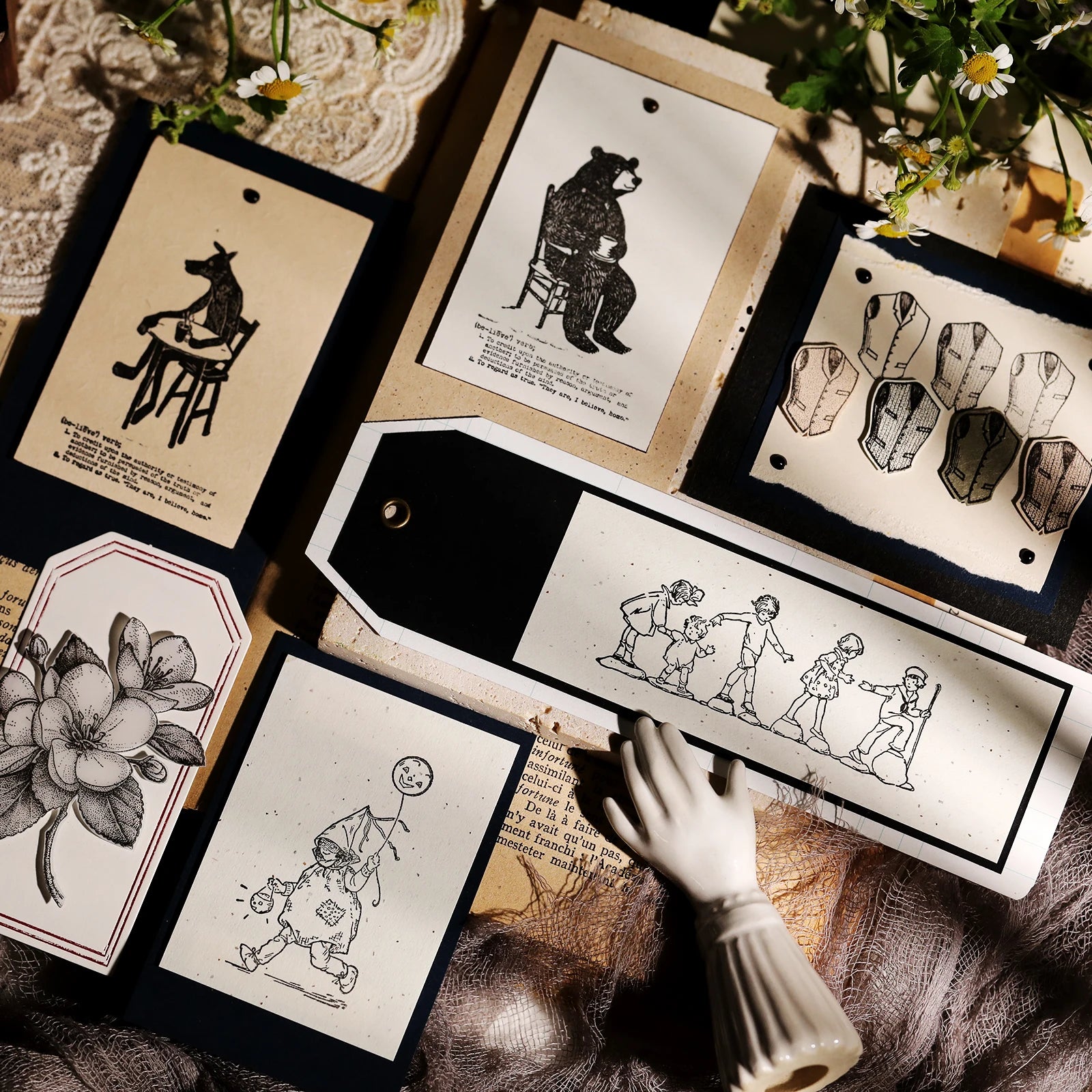 Vintage Flower & Bear Wooden Rubber Stamp – DIY Scrapbooking & Card Making