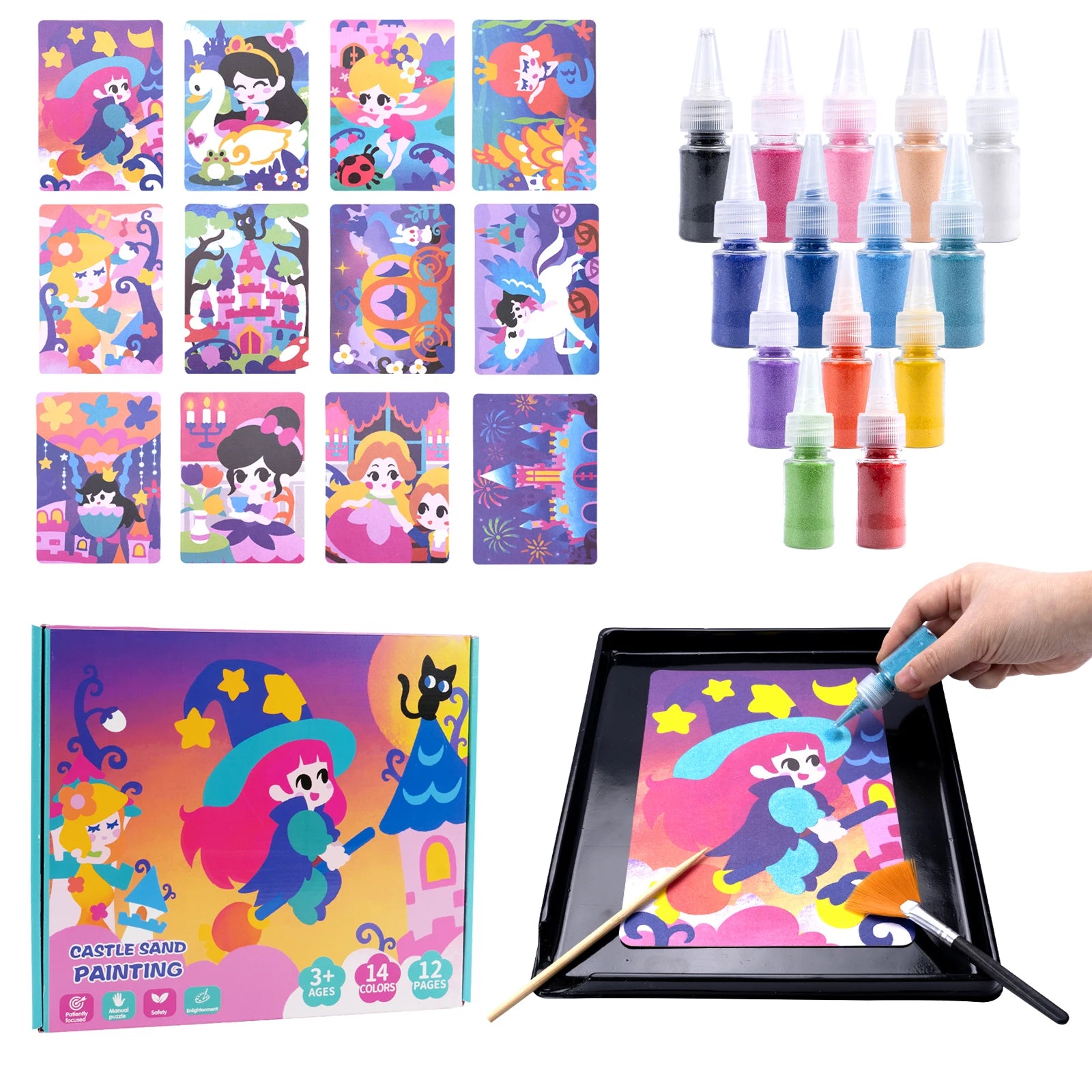 Sand Art Kit – 12 Princess Sand Painting Cards, 14 Colors