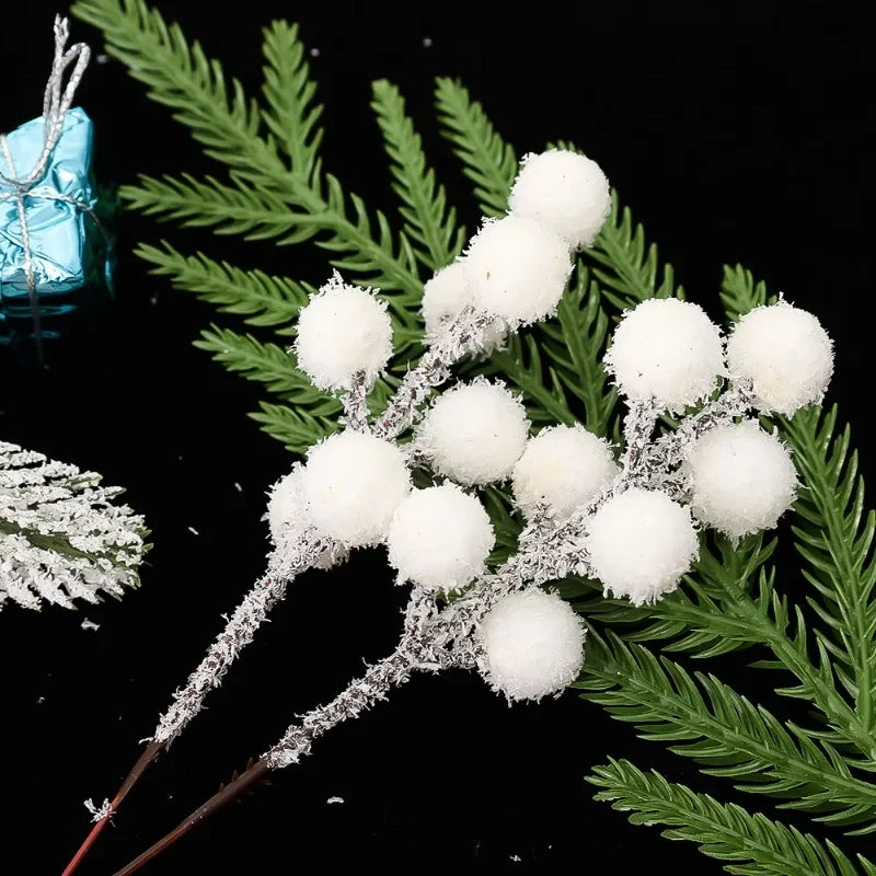 Snow-Tipped White Berry Branches – Artificial Christmas Stems for Wreaths & Décor (5/50PCS)