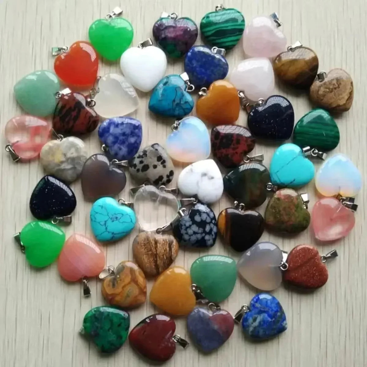 10pcs Natural Crystal Heart Pendants – Mixed Colors