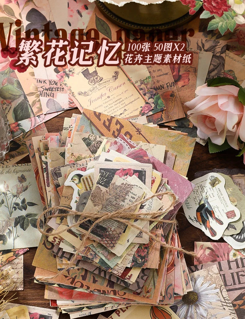 100PCS Retro Scrapbook Paper Set – DIY Collage, Journal & Album Craft Materials