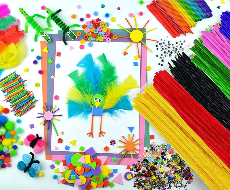 1000pcs Kids Craft Supplies Kit – Pipe Cleaners, Pompoms, Stickers, Feathers & Felt