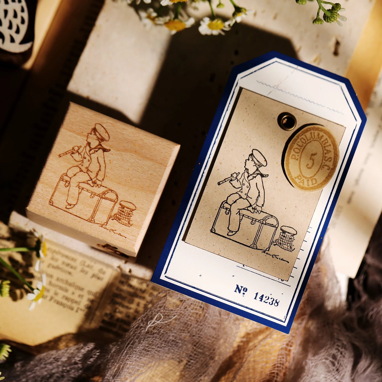 Vintage Flower & Bear Wooden Rubber Stamp – DIY Scrapbooking & Card Making