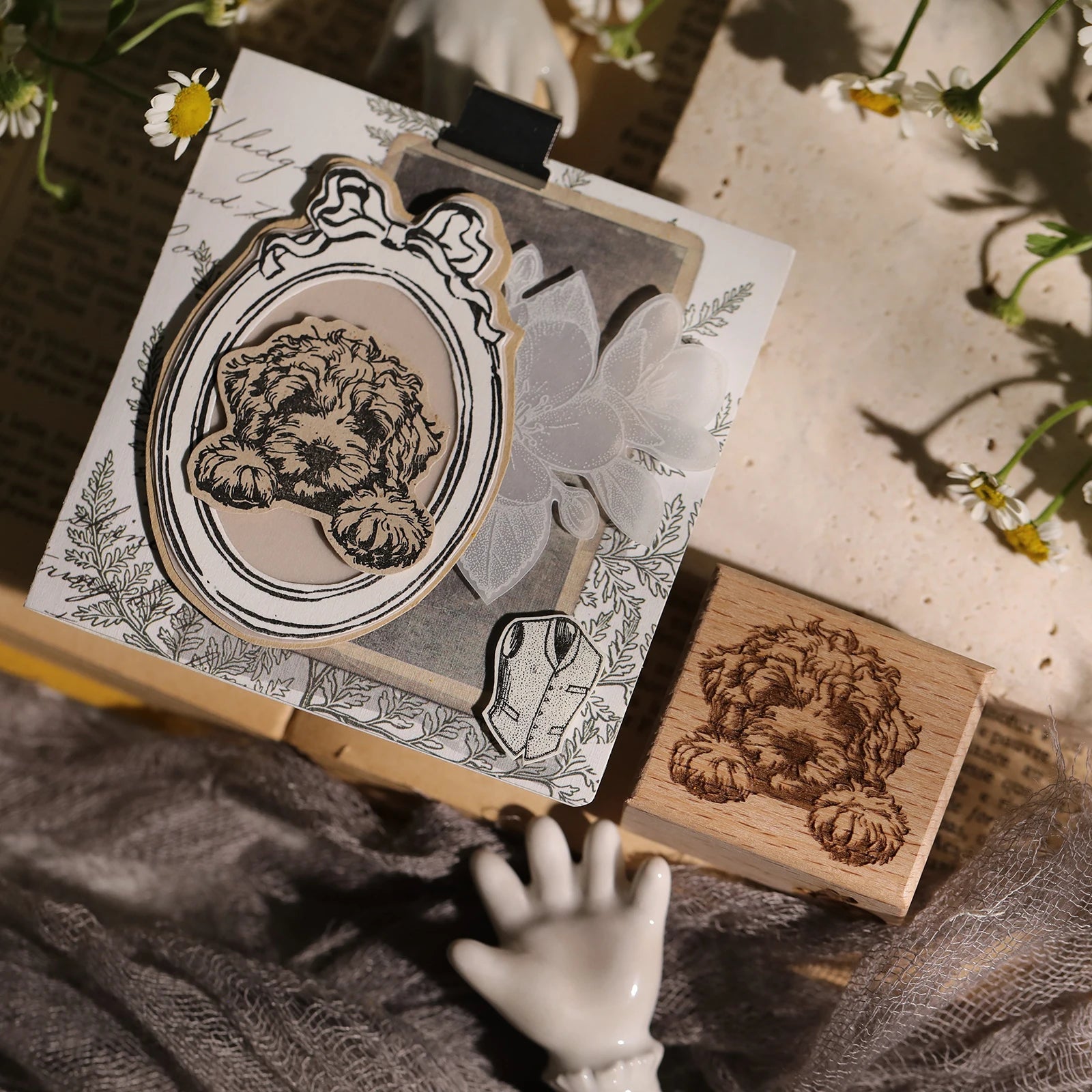 Vintage Flower & Bear Wooden Rubber Stamp – DIY Scrapbooking & Card Making