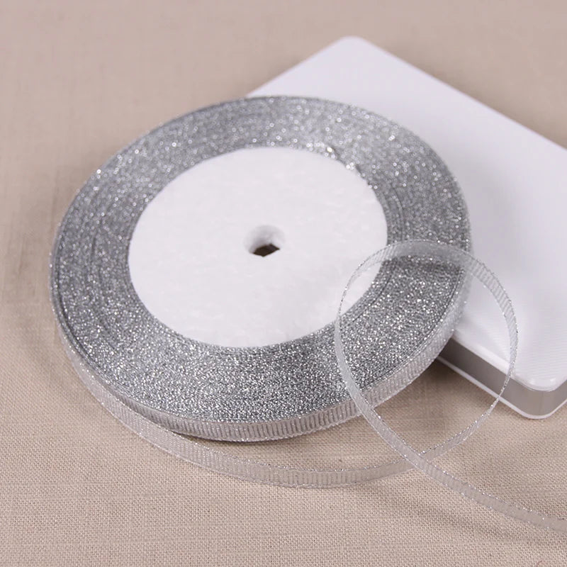 25Y 6mm Glitter Silk Satin Ribbon – Silver/Gold