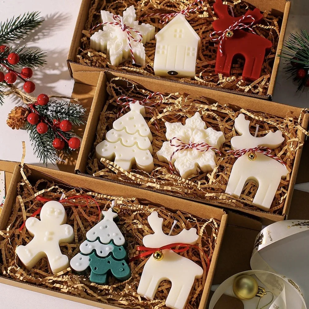 🕯️ 3PCS Gingerbread Man, Elk, Pine & Snowflake Scented Candle Silicone Mold – DIY Winter Home Decor & Handmade Christmas Gifts