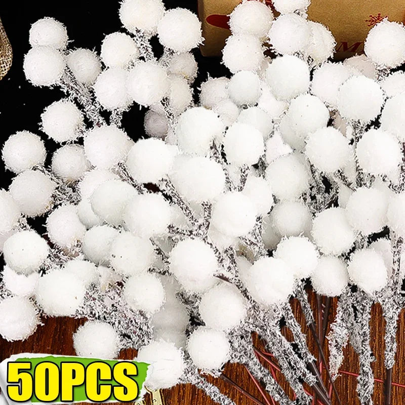 Snow-Tipped White Berry Branches – Artificial Christmas Stems for Wreaths & Décor (5/50PCS)