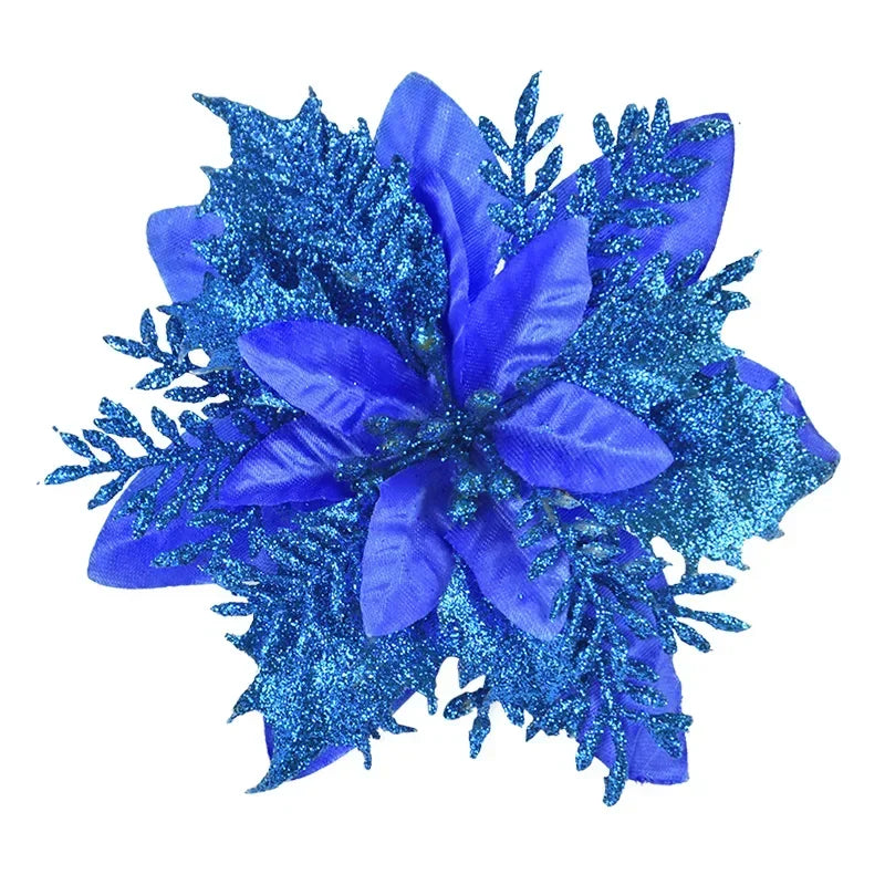 Glitter Poinsettia Flowers – 15CM Artificial Christmas Flower Ornaments (5/10PCS)