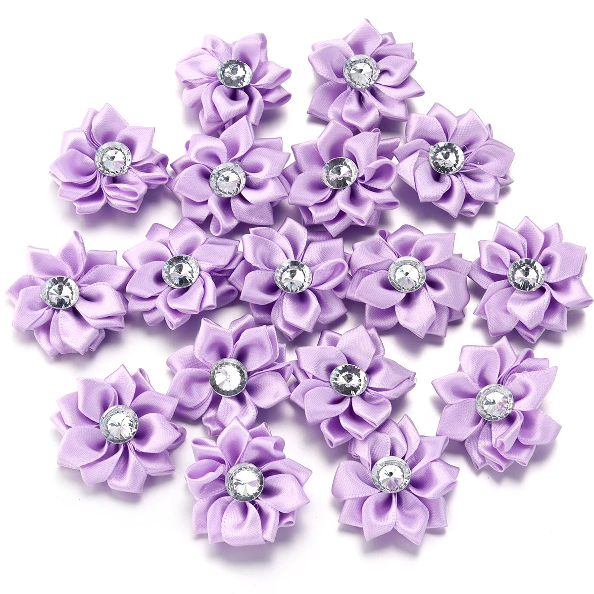 Mini Satin Ribbon Flowers with Rhinestones – 20pcs (40mm)