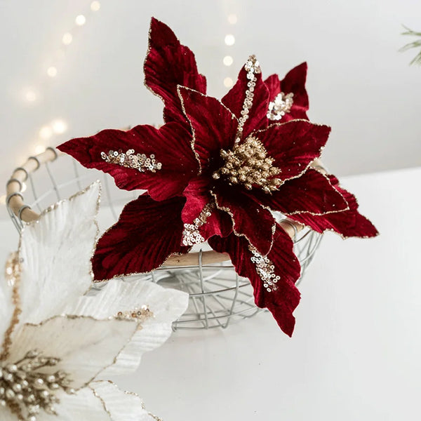 Large Glitter Velvet Christmas Flower – 26CM Artificial Ornament for Tree & Home Décor