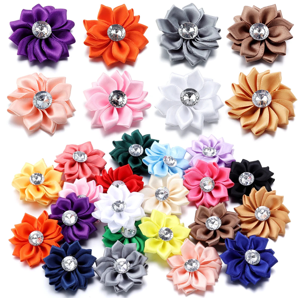Mini Satin Ribbon Flowers with Rhinestones – 20pcs (40mm)