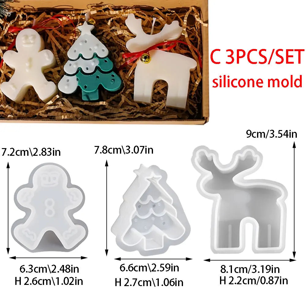 🕯️ 3PCS Gingerbread Man, Elk, Pine & Snowflake Scented Candle Silicone Mold – DIY Winter Home Decor & Handmade Christmas Gifts