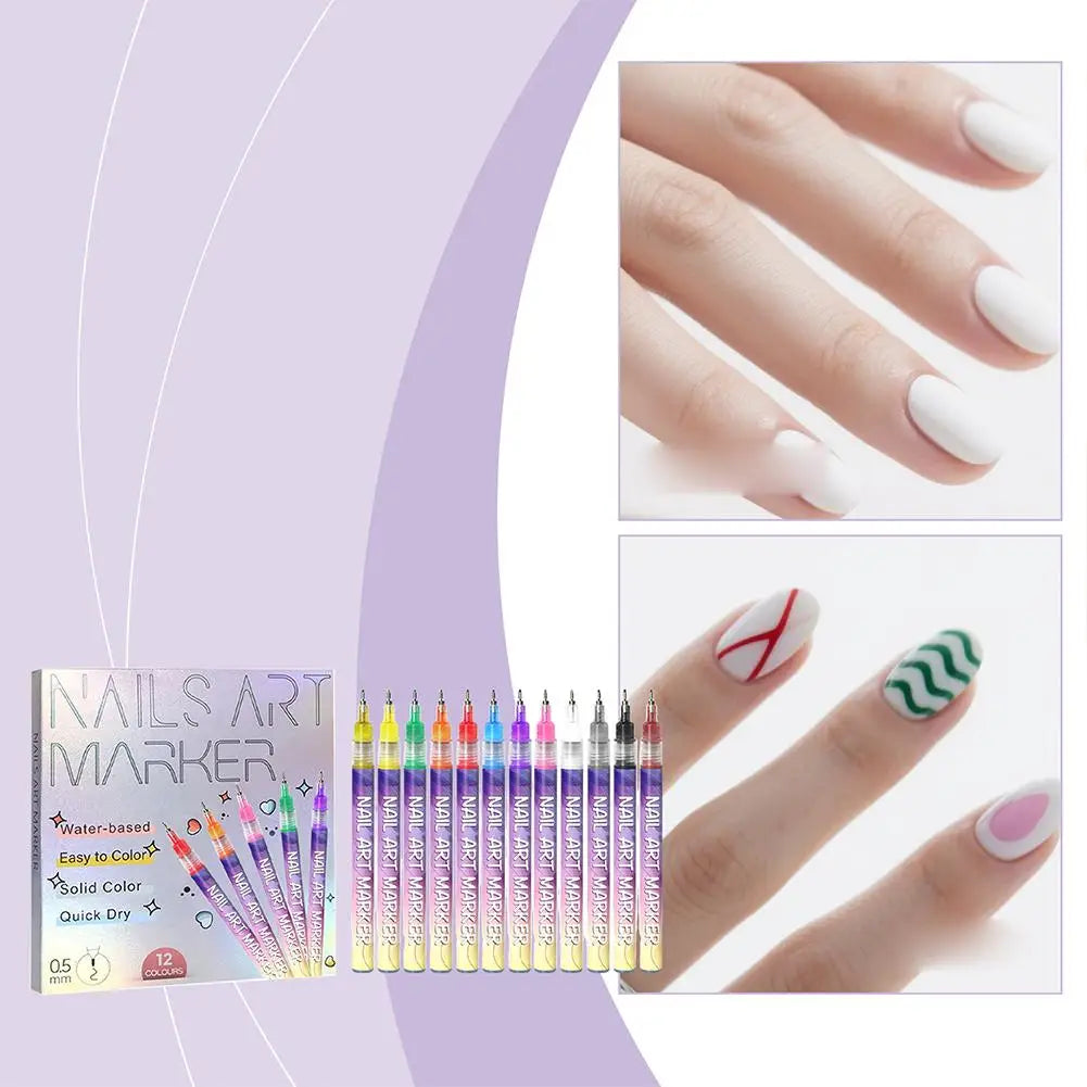 12PCS Nail Art Graffiti Pens – Waterproof, Quick-Dry Acrylic Nail Pens