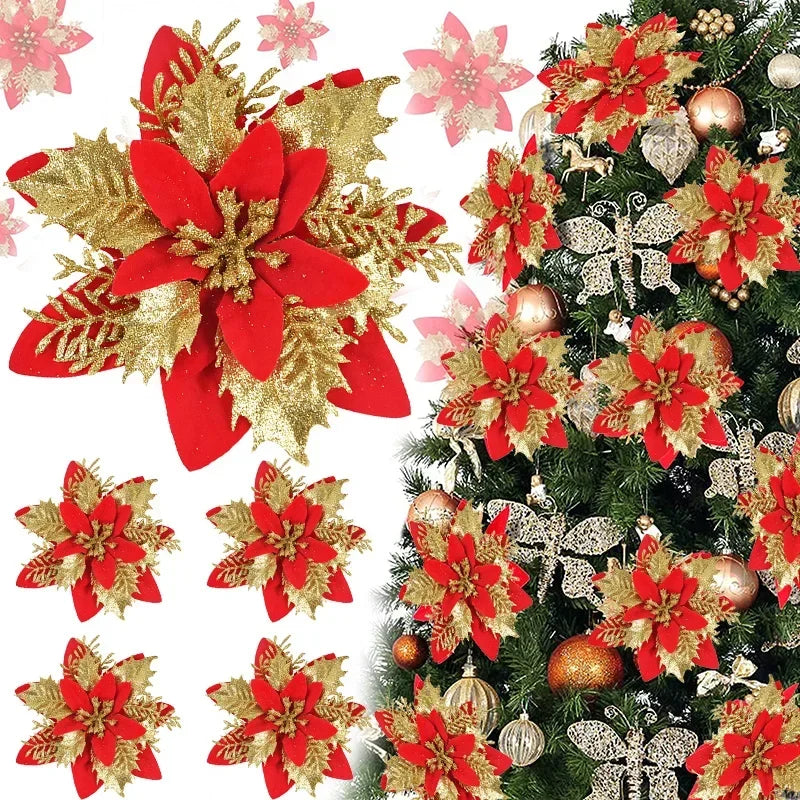 Glitter Poinsettia Flowers – 15CM Artificial Christmas Flower Ornaments (5/10PCS)