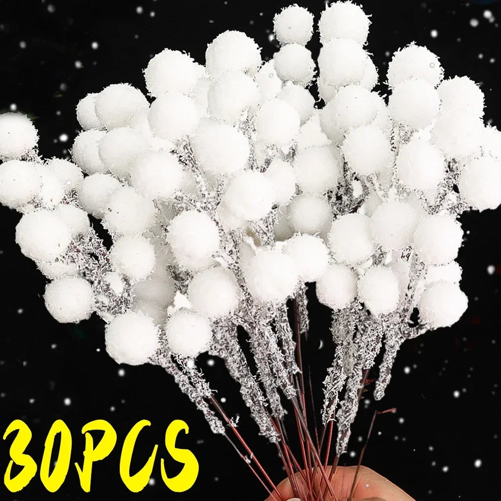 Snow-Tipped White Berry Branches – Artificial Christmas Stems for Wreaths & Décor (5/50PCS)