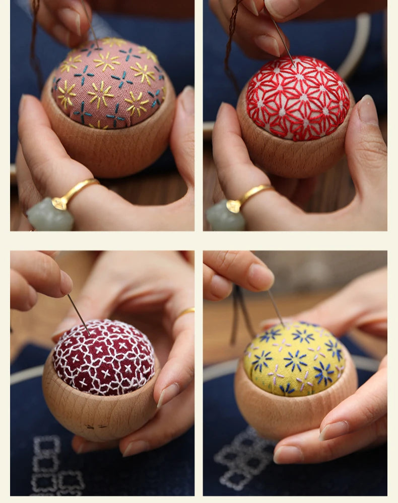 DIY Sashiko Pin Cushion with Wooden Base