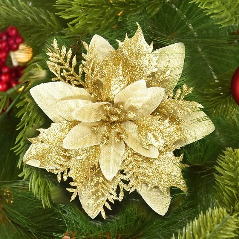 Glitter Poinsettia Flowers – 15CM Artificial Christmas Flower Ornaments (5/10PCS)