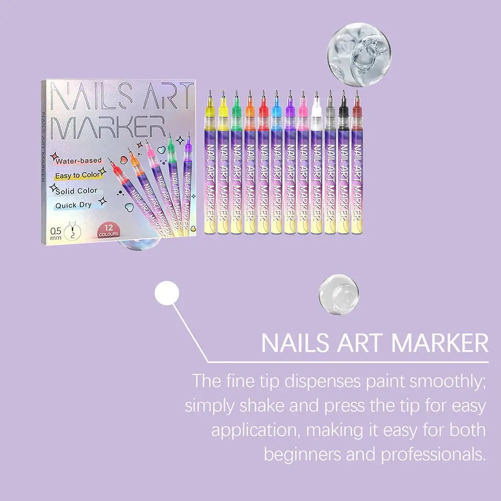 12PCS Nail Art Graffiti Pens – Waterproof, Quick-Dry Acrylic Nail Pens