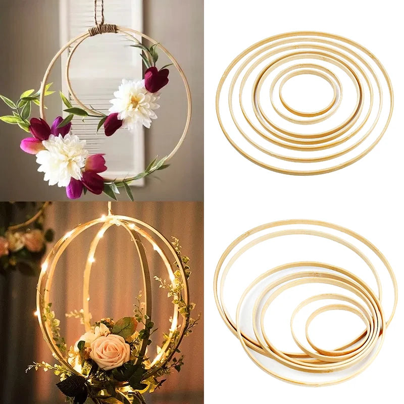 5PCS Wooden Bamboo Hoops – Round Rings for DIY Crafts & Home Décor