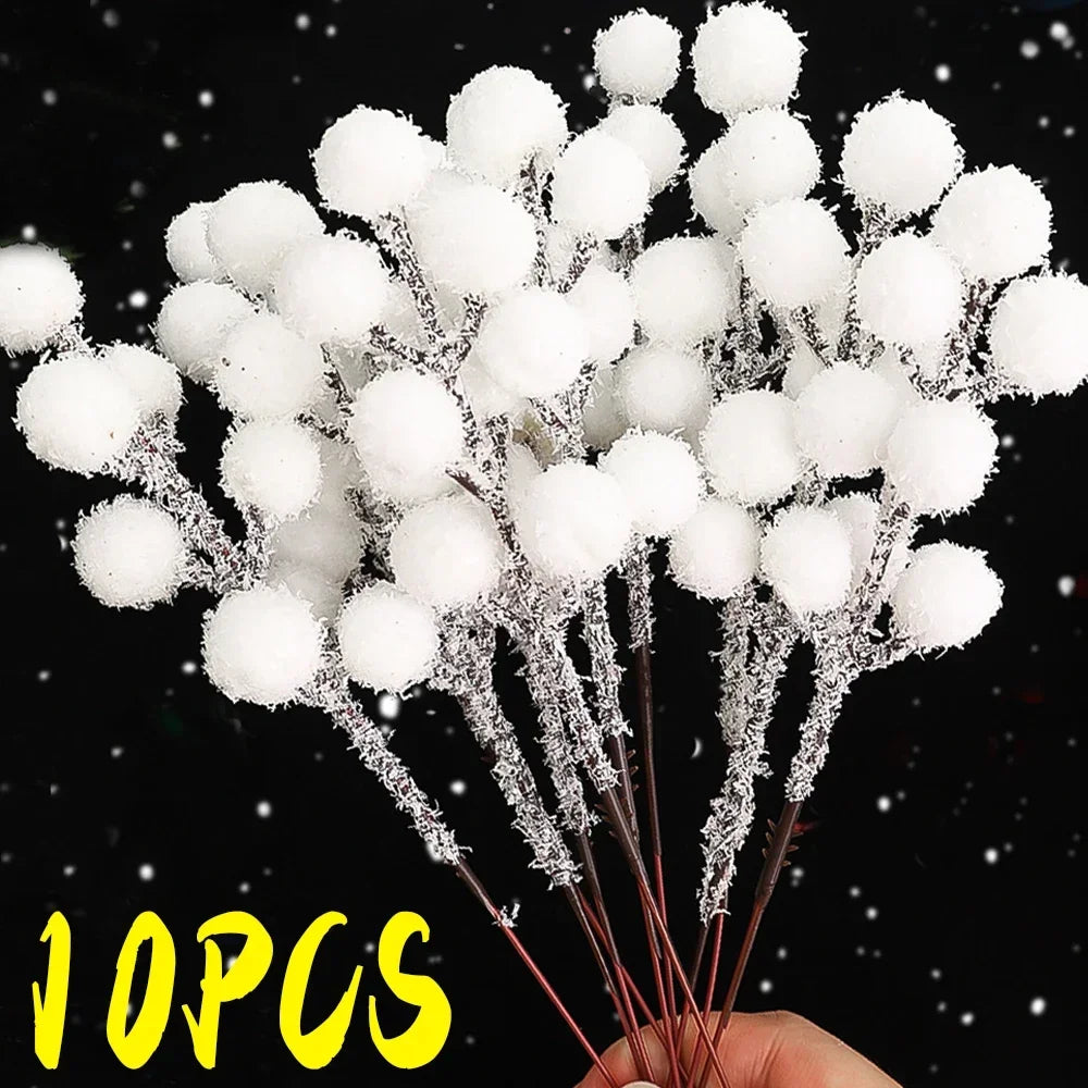 Snow-Tipped White Berry Branches – Artificial Christmas Stems for Wreaths & Décor (5/50PCS)