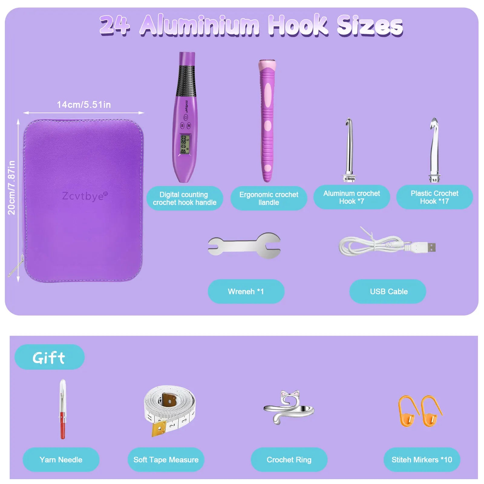 24pcs LED Crochet Hook Set with Stitch Counter