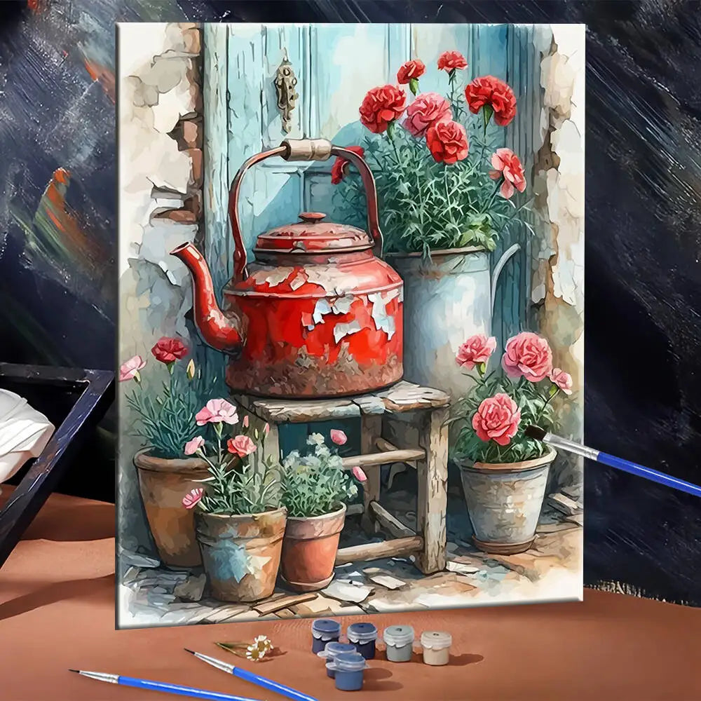 DIY Digital Oil Painting Kettle Flower – Paint by Numbers Canvas Kit