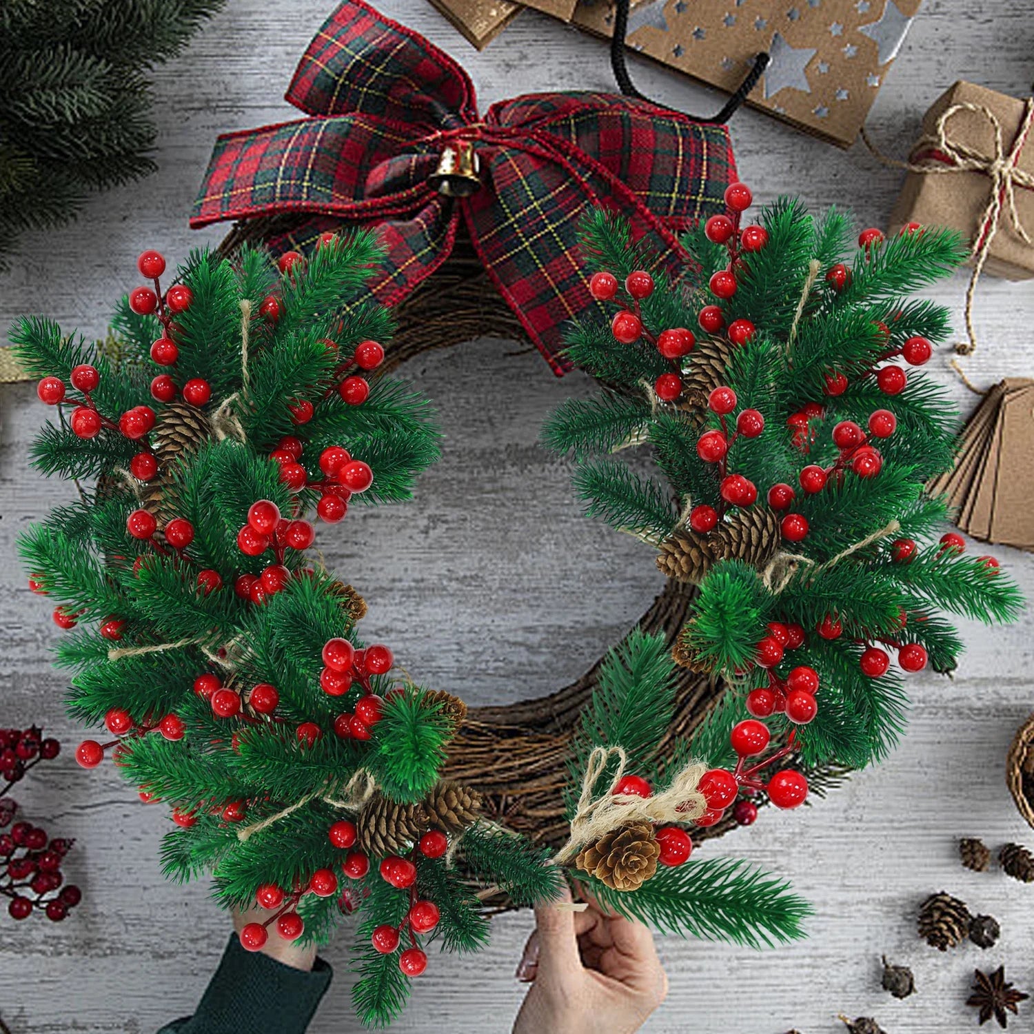 Christmas Pine & Red Berry Branches – Artificial Pine Needle Stems for DIY Wreaths & Décor (1/30PCS)