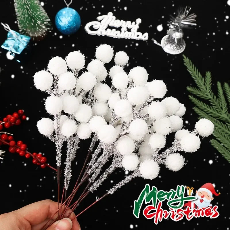 Snow-Tipped White Berry Branches – Artificial Christmas Stems for Wreaths & Décor (5/50PCS)