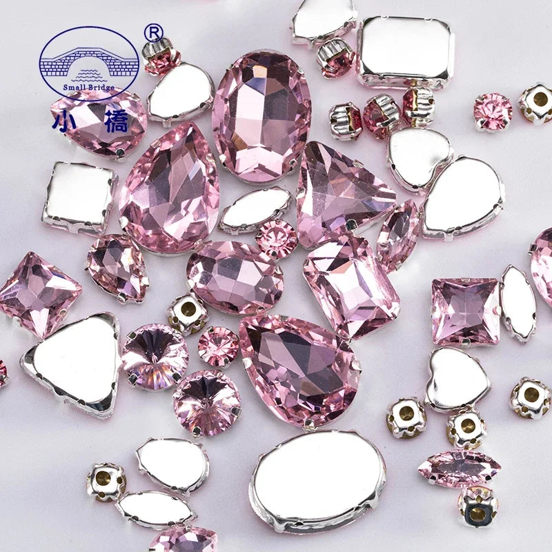Glitter Mixed Shape Pink Glass Rhinestones – 50pcs Flatback Sew-On Craft Gems