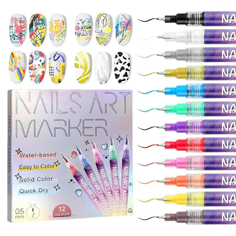 12PCS Nail Art Graffiti Pens – Waterproof, Quick-Dry Acrylic Nail Pens