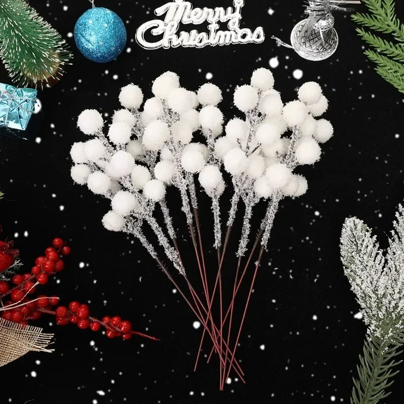 Snow-Tipped White Berry Branches – Artificial Christmas Stems for Wreaths & Décor (5/50PCS)