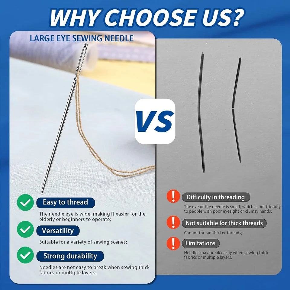 Large Eye Sewing Needles Kit – Hand Sewing Accessories Set with Threader & Thimble