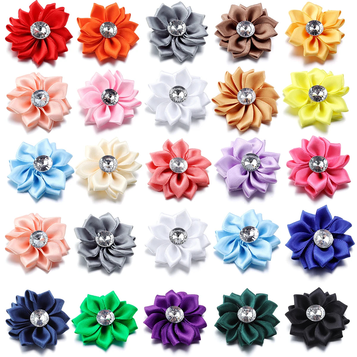 Mini Satin Ribbon Flowers with Rhinestones – 20pcs (40mm)