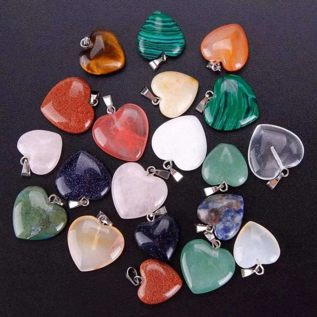 10pcs Natural Crystal Heart Pendants – Mixed Colors