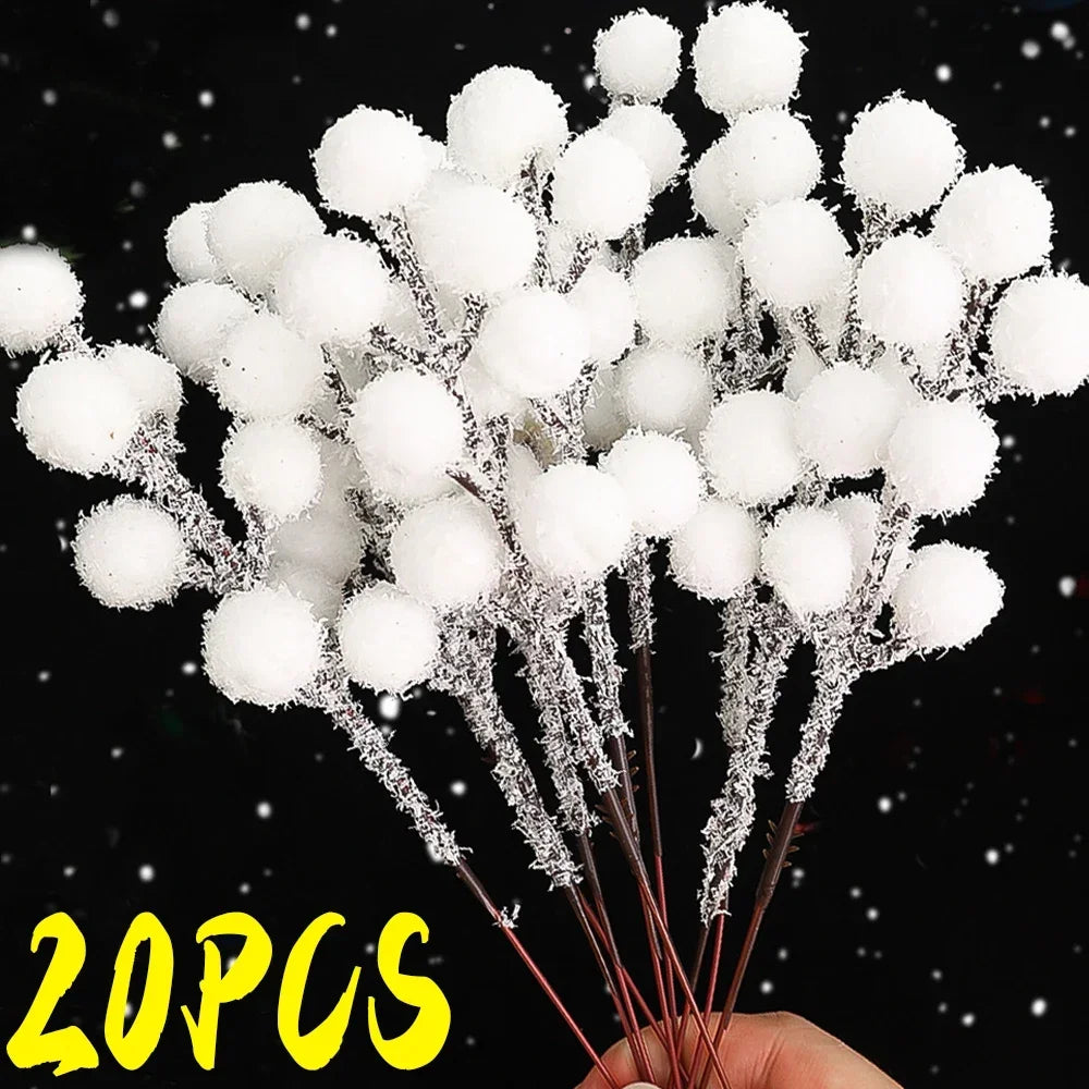 Snow-Tipped White Berry Branches – Artificial Christmas Stems for Wreaths & Décor (5/50PCS)