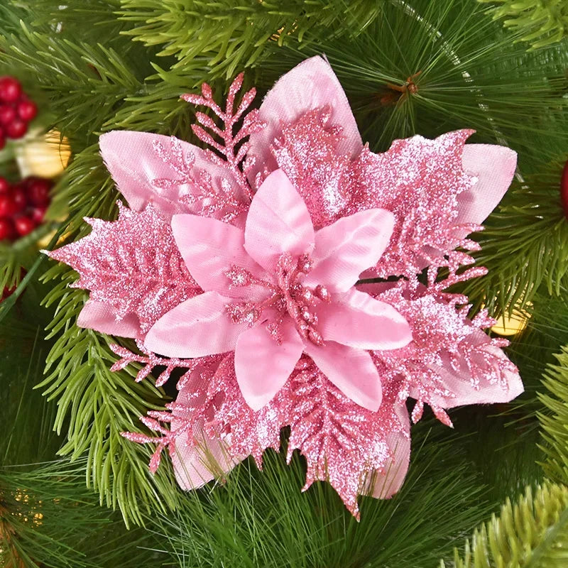 Glitter Poinsettia Flowers – 15CM Artificial Christmas Flower Ornaments (5/10PCS)