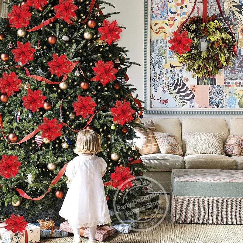 Glitter Poinsettia Flowers – 15CM Artificial Christmas Flower Ornaments (5/10PCS)