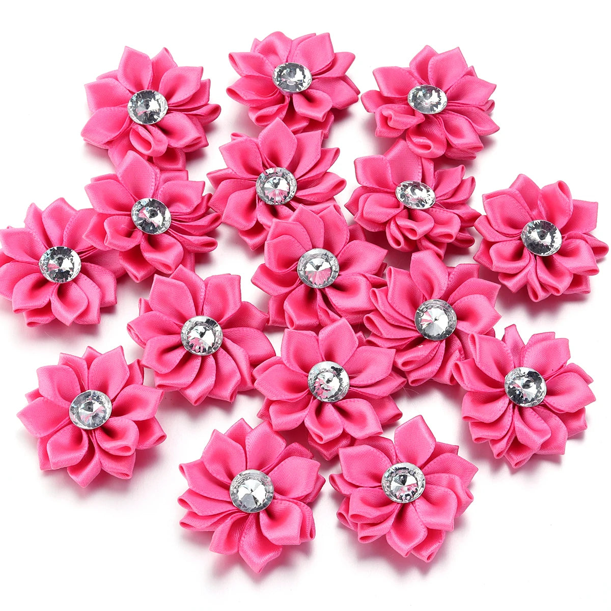 Mini Satin Ribbon Flowers with Rhinestones – 20pcs (40mm)